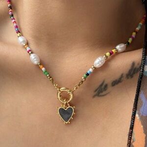 Gold and Black Heart Pendant Beaded Necklace